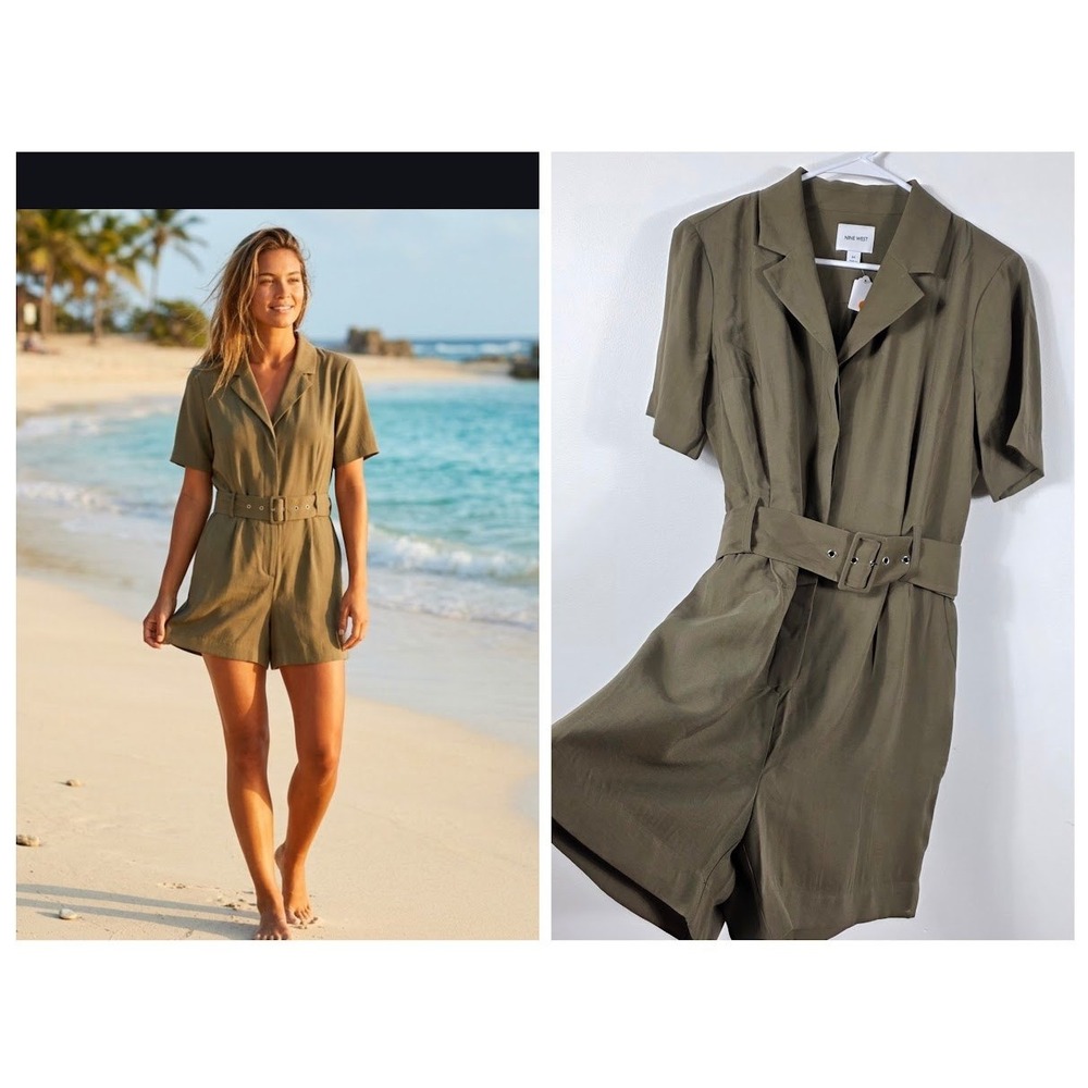 Nine West Romper Womens 10 Olive Green Belted Notched Collar Utility Chic
